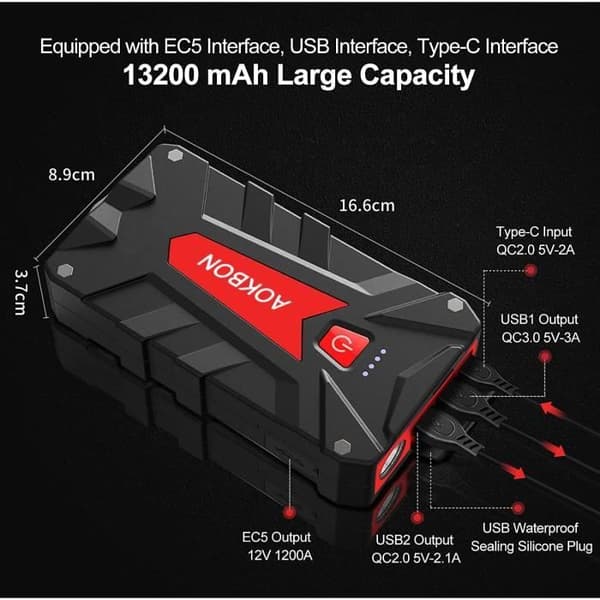 Bilbatteriförstärkare 1200A 13200mAh Car Jump Start Vattentät Smart Auto Starter AOKBON (Upp till 6L Bensin 5L Diesel