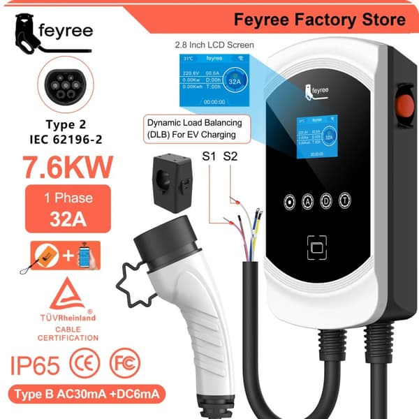 EV-laddare, Typ 2, 22KW 32A, Dynamisk lastbalansering,7,6 kW 32 A 1 fas, TYPE2
