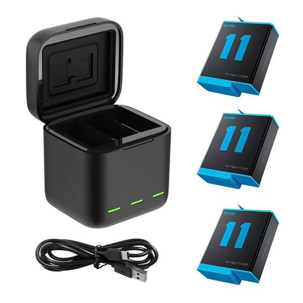 Telesin 3-spors laderboks + 3 batterier for GoPro Hero 12 / 11 / 10 / 9