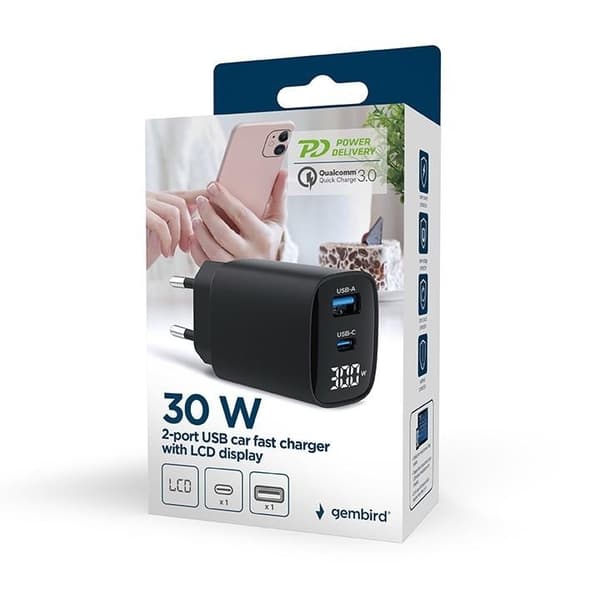 Oplader usb 30w 2port/ta-uc-pdqc30LCD-bk-01, Gembird