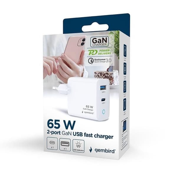 Oplader usb 65w 2port/ta-uc-pdqc65l-w-01, Gembird