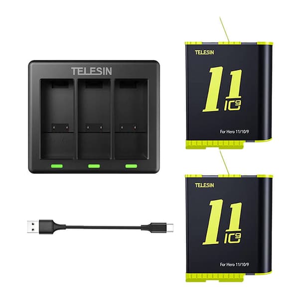 Telesin tre-kanals oplader + 2 batterier til GoPro Hero 9 / 10 / 11 / 12 (GP-BTR-903-B)
