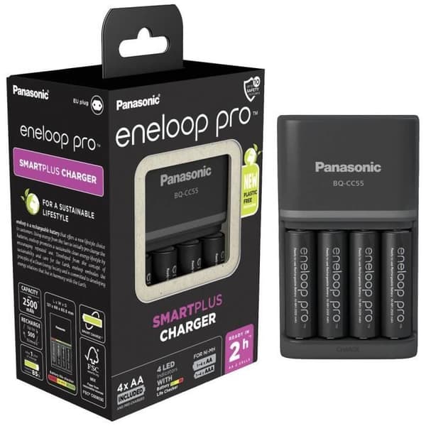 NiMH-laddare med Panasonic Smart &amp; Quick BQ-CC55 +4x eneloop Pro AA-batterier