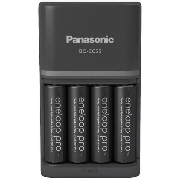 NiMH-laddare med Panasonic Smart &amp; Quick BQ-CC55 +4x eneloop Pro AA-batterier Svart