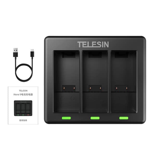 3-spors lader Telesin for GoPro Hero 12 / Hero 11 / Hero 10 / Hero 9