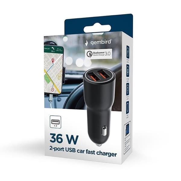 Mobillader bil usb 2port/ta-uc-a2qc36-car-01, Gembird