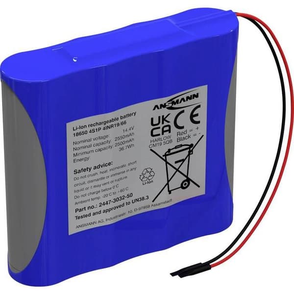 Ansmann 4S1P Uppladdningsbart batteripaket 4x 18650 med Li-Ion-kabel 14,4 V 2550 mAh