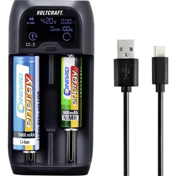 VOLTCRAFT CC-3 NiMH, NiCd, Li-ion, LiFePO LR8 (AAAA), LR03 (AAA), LR6 (AA), LR14 (C), sub-C, A, 10440, 14500, 14650, 163