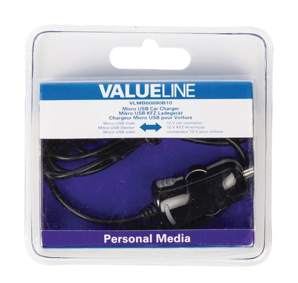 Valueline VLMB60890B10 Micro USB Biloplader Micro USB Han - 12v Bilforbindelse 1.00 M Sort 2.1a