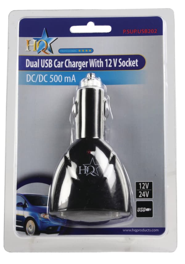 Hq P. sup. usb202 Dobbelt USB Biloplader med 12 V tilslutning