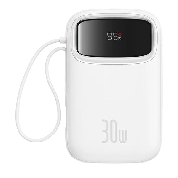 Baseus QPow 2 Powerbank 10000 mAh – 30W, Innebygde Kabler, LED-display, Hvit