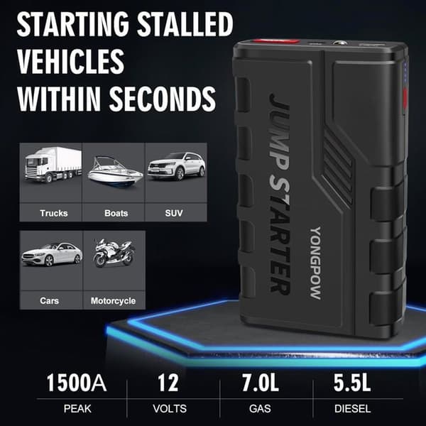 Booster Batteri Bil Portabel 1500A (Upp till 7.0L Bensin eller 5.5L Diesel), 3 Ljuslägen LED
