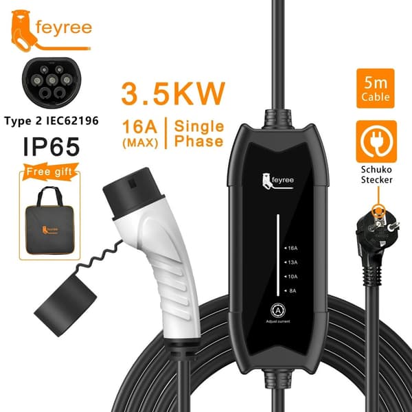Bærbar EV-lader, hurtig opladning op til 3,5 kW, justerbar strøm 8A-16A,Type2 3,5KW 16A