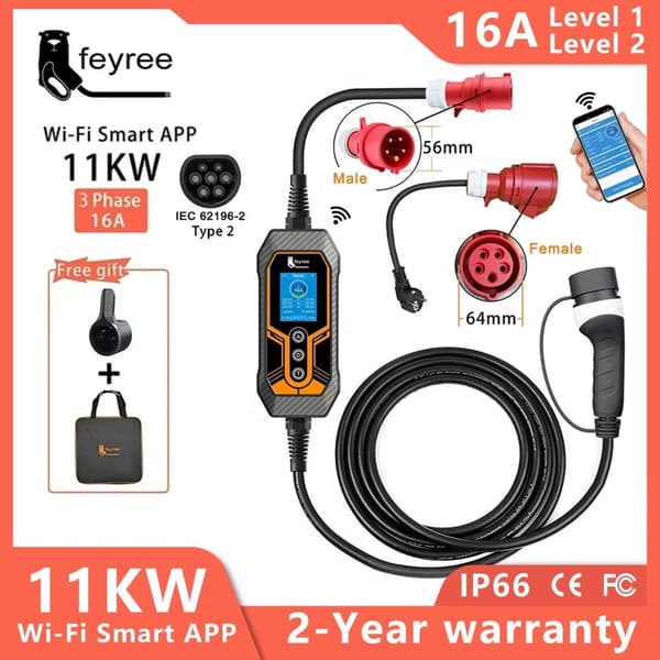 Bärbar EV-laddare, 11KW effektutgång, justerbar ström 8A till 16A,TYPE2