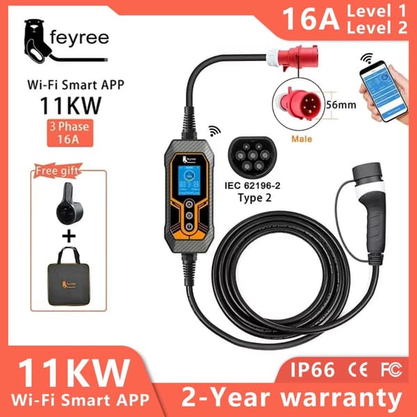 Bärbar EV-laddare, 11KW effektutgång, justerbar ström 8A till 16A,TYPE2