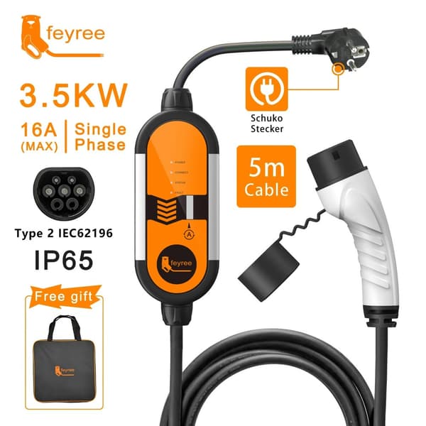 Bærbar EV-lader, justerbar strøm 8A-16A, IP65 vandtæt,Type2 16A 3.5KW