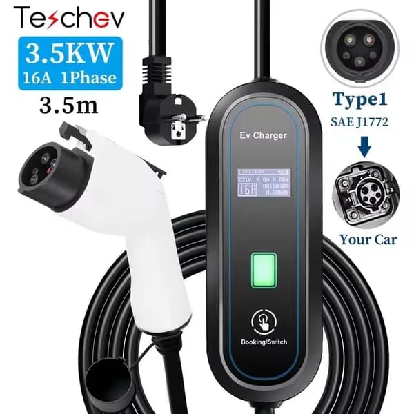 Bærbar EV-lader, 3,5 kW udgang, justerbar 16A strøm,16A Type 1 3,5 meter