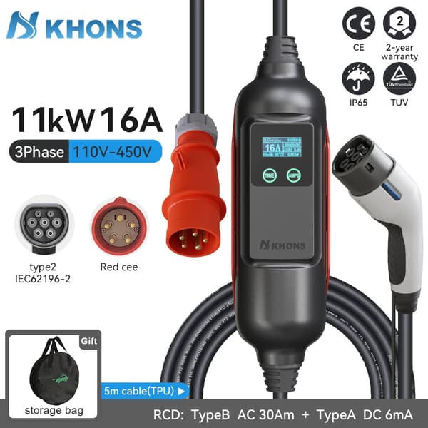Kannettava sähköajoneuvon laturi, 11 kW teho, 5 m kaapelin pituus,11kw 16A 3-vaihe, TYYPPI2