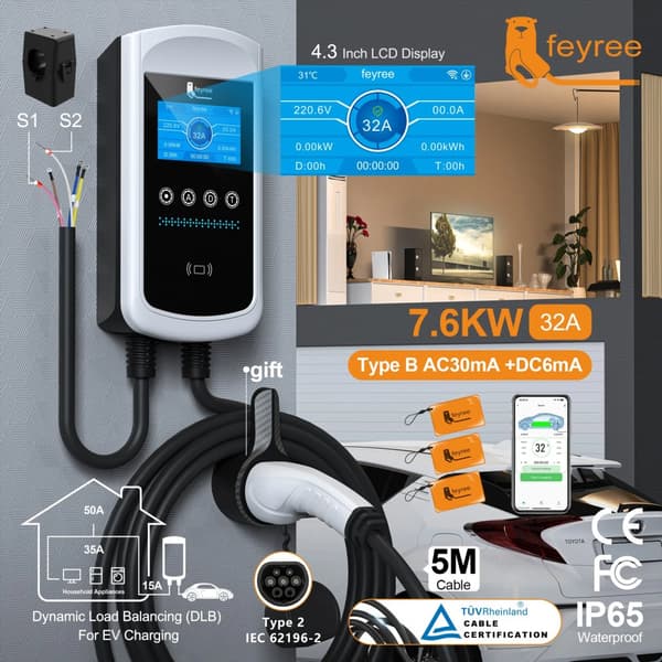 Type 2 EV-latauslaite, 4,3 tuuman LCD-näyttö, IP65 vesitiivis,7,6KW 32A 1-vaihe, TYYPPI2