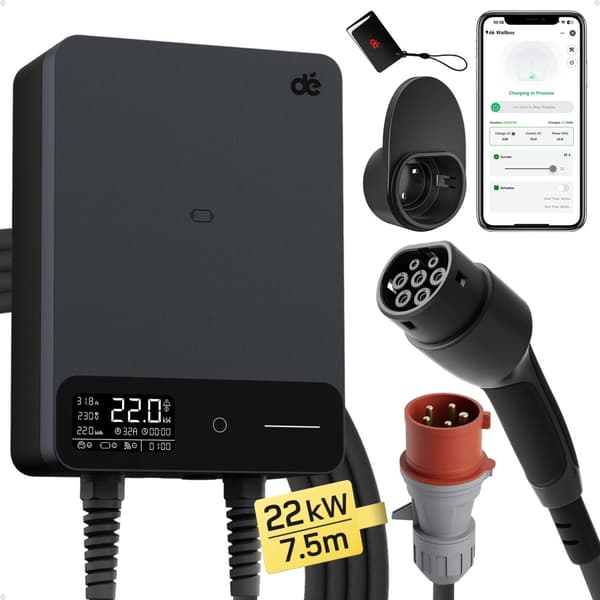 EV-ladestation, Maks 22kW effekt, 3-faset kapacitet,22 kW 7,5 m kabel, Type2