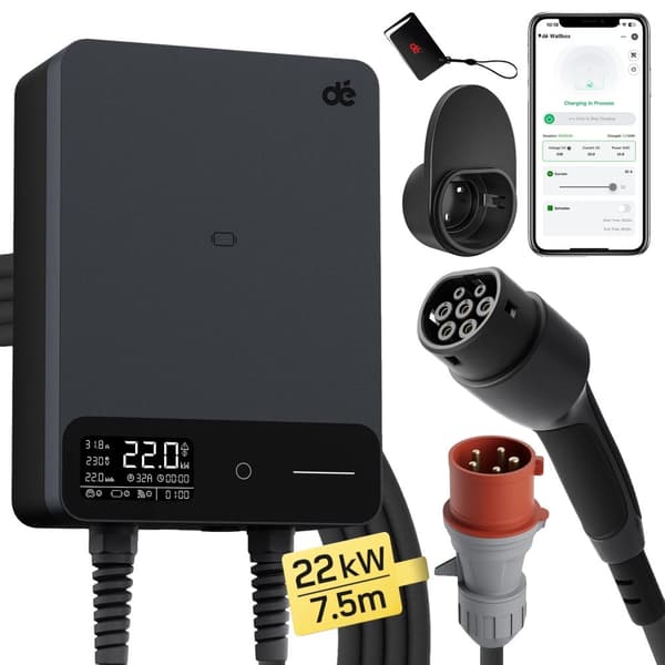 EV-ladestation, Maks 22kW effekt, 3-faset kapacitet,22 kW 7,5 m kabel, Type2