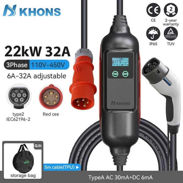 Khons EV Kannettava Latauslaite, 22KW Teho, Säädettävä Virta 6A-32A,22kw 32A 3-vaihe, TYYPPI2