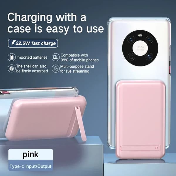 Bärbar trådlös powerbank, 10000mAh kapacitet, 22.5W snabbladdning,Rosa TYPE-C