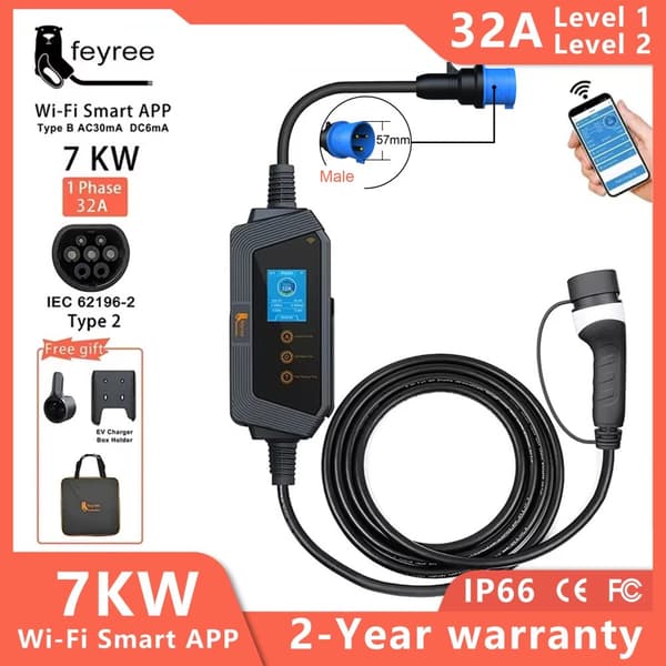 Kannettava sähköauton laturi, 7 kW teho, 32 A virta,7KW APP EI sovitinta