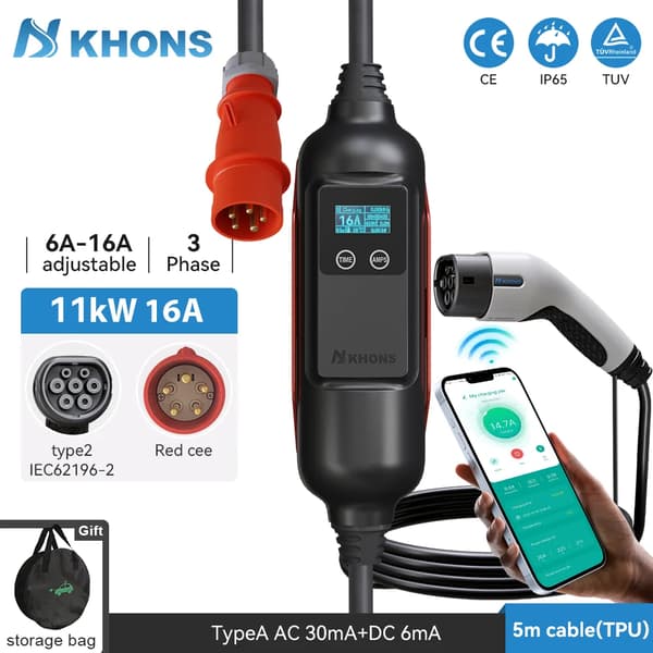 Kannettava sähköauton laturi, 11 kW teho, säädettävä 6A-16A virta,11KW 16A 3-vaihe, TYYPPI2