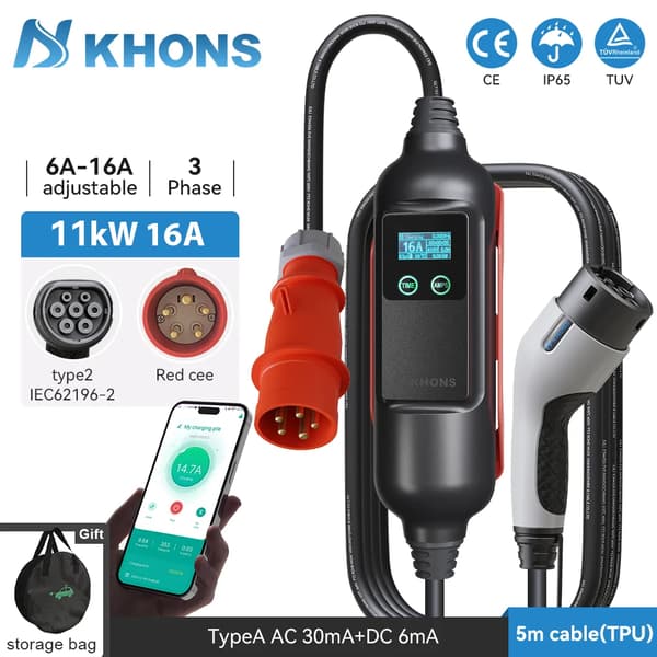 Kannettava sähköauton laturi, 11 kW teho, säädettävä 6A-16A virta,11KW 16A 3-vaihe, TYYPPI2