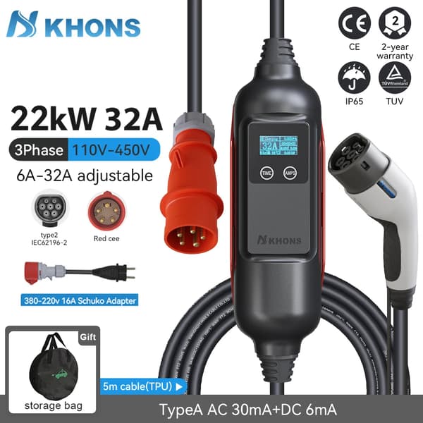 Khons EV Kannettava Latauslaite, 22KW Teho, Säädettävä Virta 6A-32A,22KW ja 16A sovitin, TYYPPI2