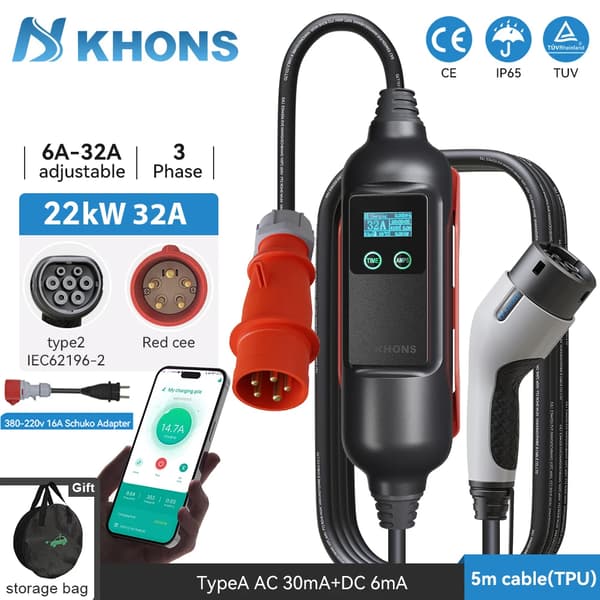 Khons EV Bærbar Oplader, 22KW Effekt, 32A Strømvurdering,22KW og 16A adapter, TYPE2