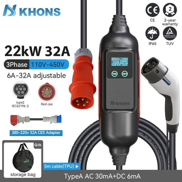 Khons EV Kannettava Latauslaite, 22KW Teho, Säädettävä Virta 6A-32A,22KW ja 32A sovitin, TYYPPI2