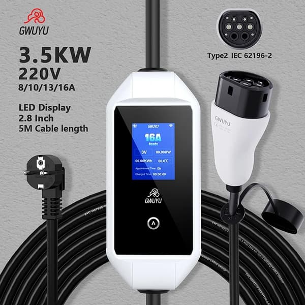 GWUYU EV Kannettava Laturi, Säädettävät Virta Vaihtoehdot, 2.8 Tuuman LED-näyttö,TYYPE2, 3.5KW 16A LED-näyttö