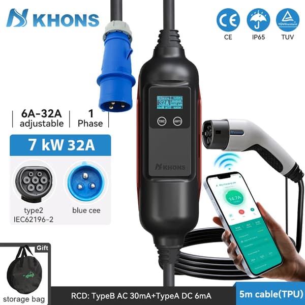 Kannettava sähköauton laturi, säädettävä virta 6A-32A, IP65-luokiteltu,7KW 32A 3Vaihe, TYYPE2
