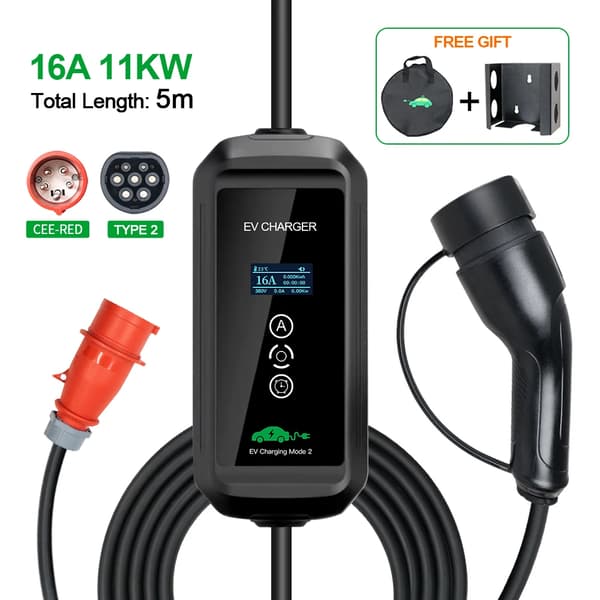 Kannettava sähköauton laturi, 11 kW teho, säädettävät virta-asetukset,TYYPE2, 16A 3P TYYPPI2 11KW 5m