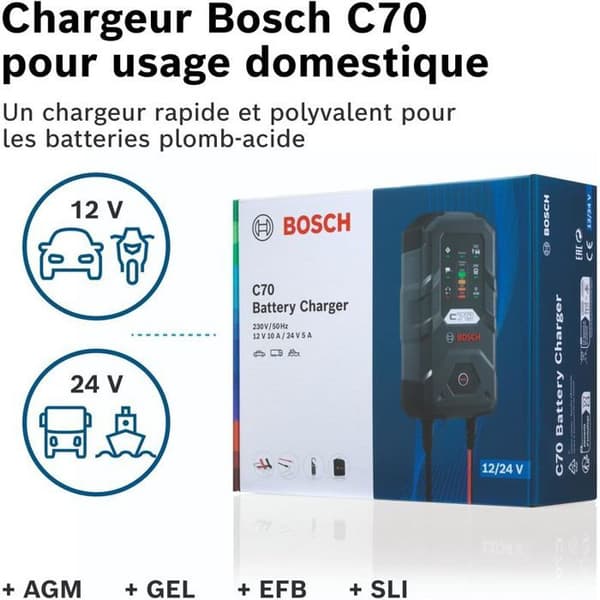 Batteriladdare - BOSCH - C70 - 12/24V - 10A - Kompatibel med bly-syra och GEL