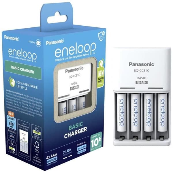 NiMH-laddarblock med Panasonic Basic BQ-CC51-batterier + 4x eneloop AAA