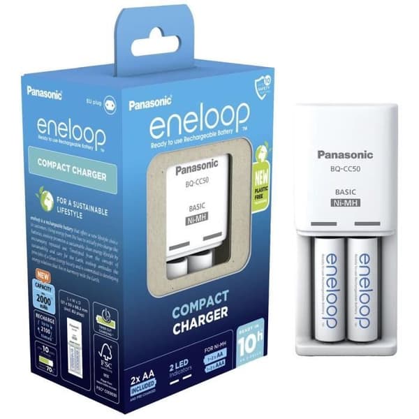 Panasonic Compact BQ-CC50 +2x eneloop AA NiMH laddarblock LR03 (AAA), LR6 (AA)