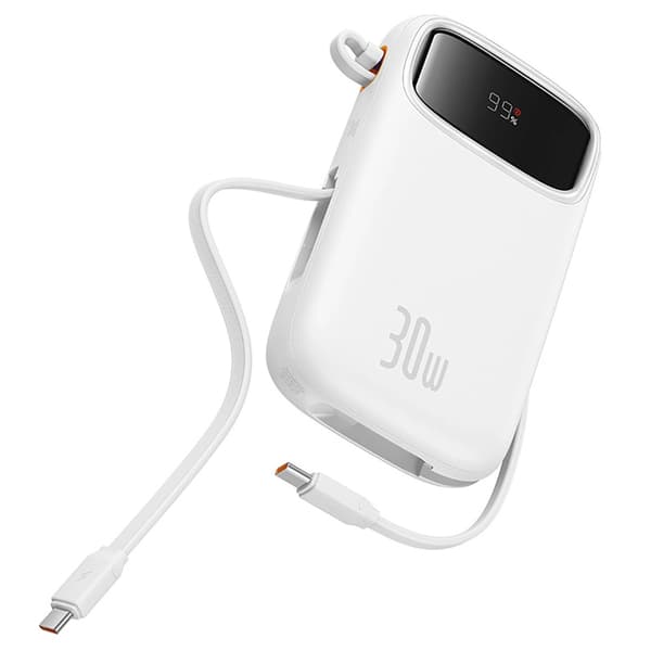 Baseus QPow 2 Powerbank 20000mAh 30W med innebygde USB-C-kabler - Hvit