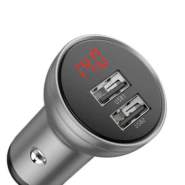 Baseus biloplader med display, 2x USB, 4.8A, 24W (sølv)