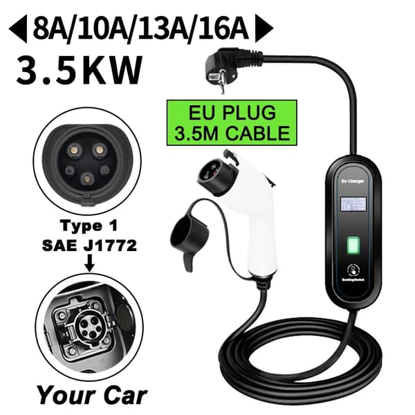 Bærbar EV-lader, 3,5 kW effekt, justerbar ladestyrke,3,5 meter Type1