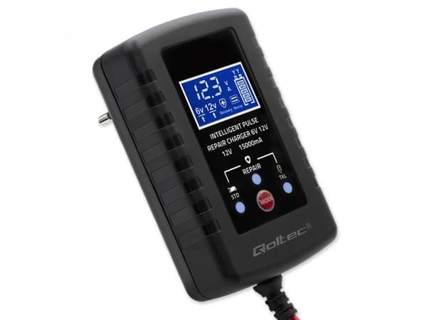 Qoltec Automatisk batterilader AGM GEL STD 6V 12V | 30W likeretter med reparasjonsfunksjon og LED-display | 2A | LED diode