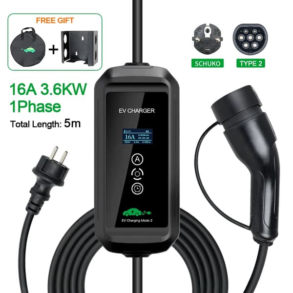 3,6 kW elbilsladdare, justerbara ströminställningar, hållbar TPU-kabel,3.6KW-5M