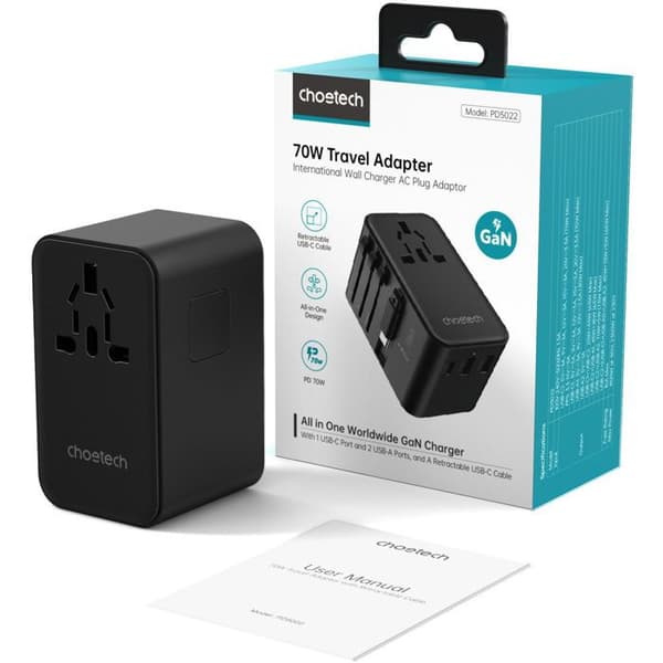 ChoeTech Resväskeladdare 70W med inbyggd kabel (US/EU/UK/AU)