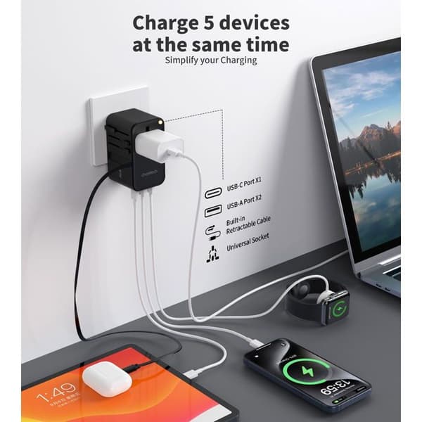 ChoeTech Resväskeladdare 70W med inbyggd kabel (US/EU/UK/AU)