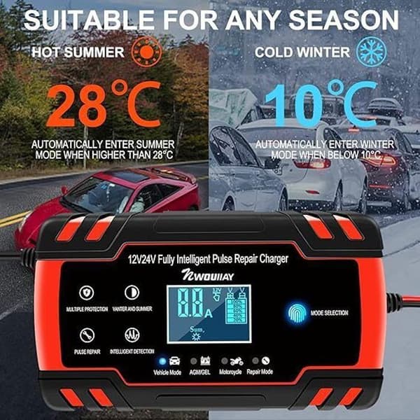 Batteriladdare - Intelligent - 12V/24V - 8A - LCD-skärm - Flera skydd