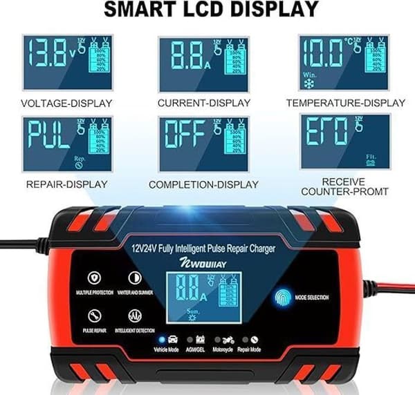 Batteriladdare - Intelligent - 12V/24V - 8A - LCD-skärm - Flera skydd