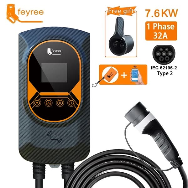 Sähköauton latausasema, 32A pikalataus, seinäasennus,TYYPE2, 7.6KW 32A 1 vaihe