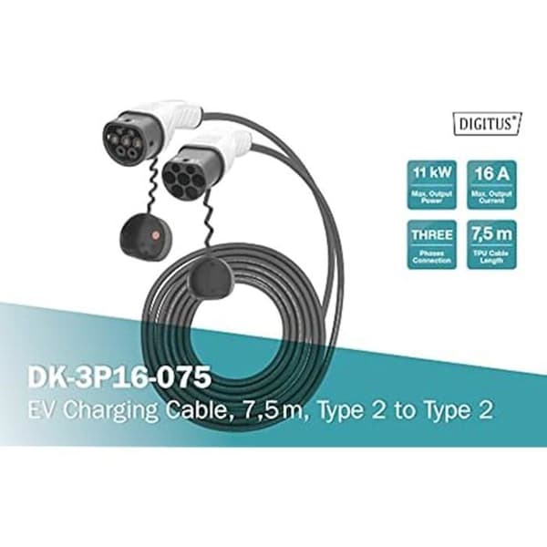 Laddkabel - DIGITUS - Läget 3 - 7,5 m - Typ 2 - 16 A - 11 KW - Svart/Grå